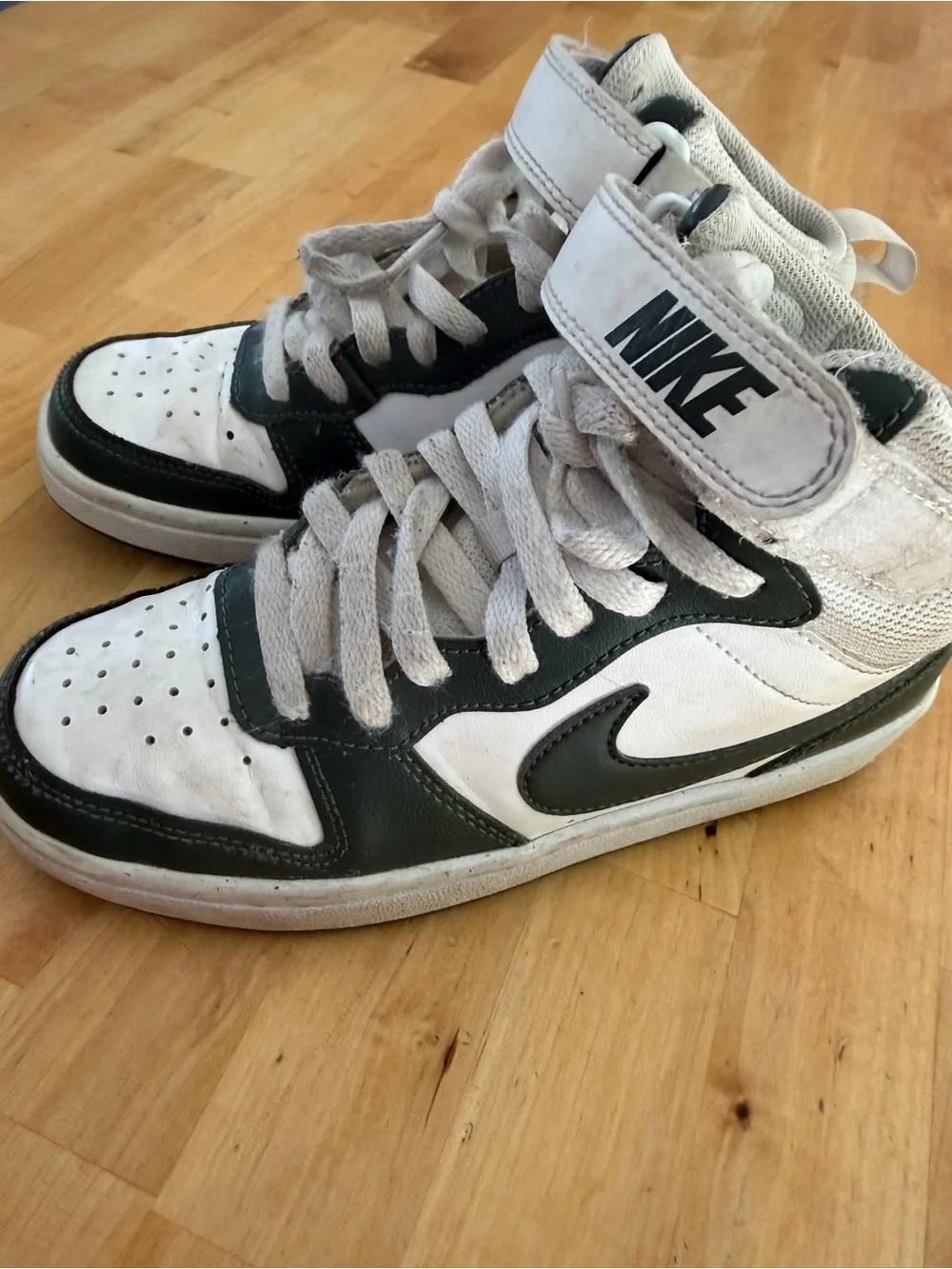 Nike Kids White and Dark Green High-Top Sneakers with Swoosh